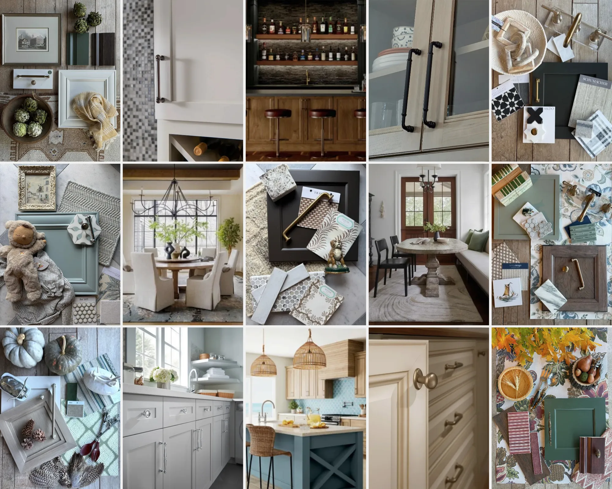 A grid of cabinetry design boards and finished spaces: door samples with hardware, tile and fabric swatches, a home bar, dining rooms, a laundry room, and a kitchen