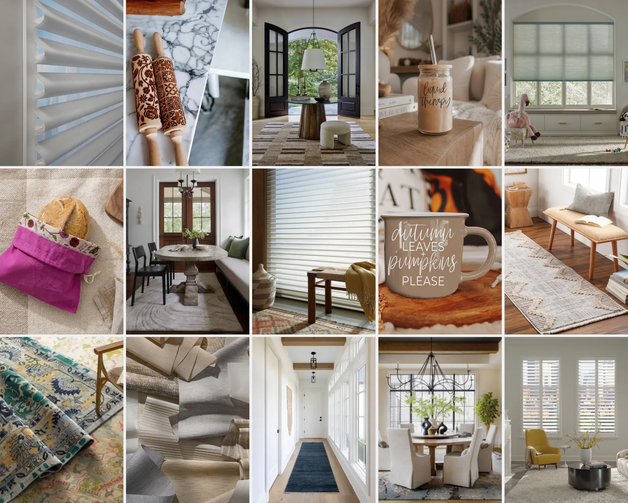 A grid of Cottage finds: pleated and sheer window shades, plantation shutters, area rugs and runners, designer fabric swatches, embossed rolling pins, a linen bread bag, seasonal mugs, and styled entryways and dining rooms