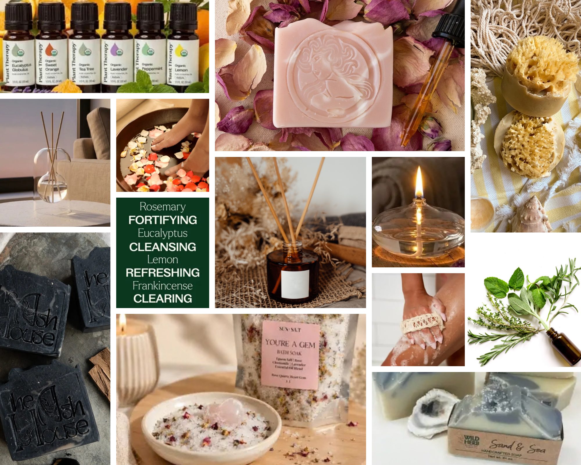 Apothecary collection moodboard: organic essential oils, a rose-petal soap bar, sea sponges, reed diffusers, a flower-petal foot soak, charcoal soaps, an oil lamp, bath salts, and fresh herbs