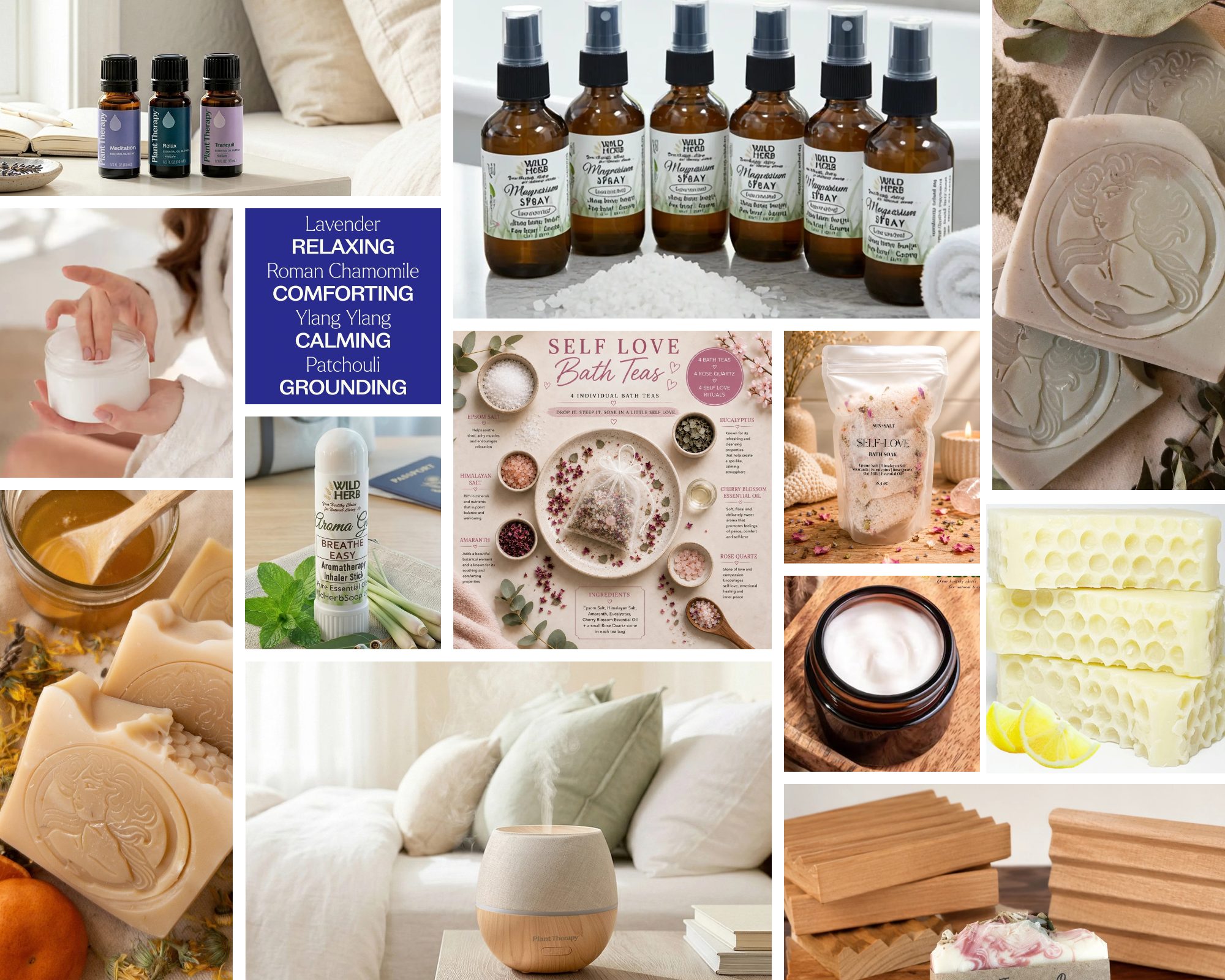 Apothecary collection moodboard: essential oil blends, magnesium sprays, body butter, an aromatherapy inhaler, bath teas and soaks, handmade soaps, honeycomb soap, an ultrasonic diffuser, and wooden soap dishes