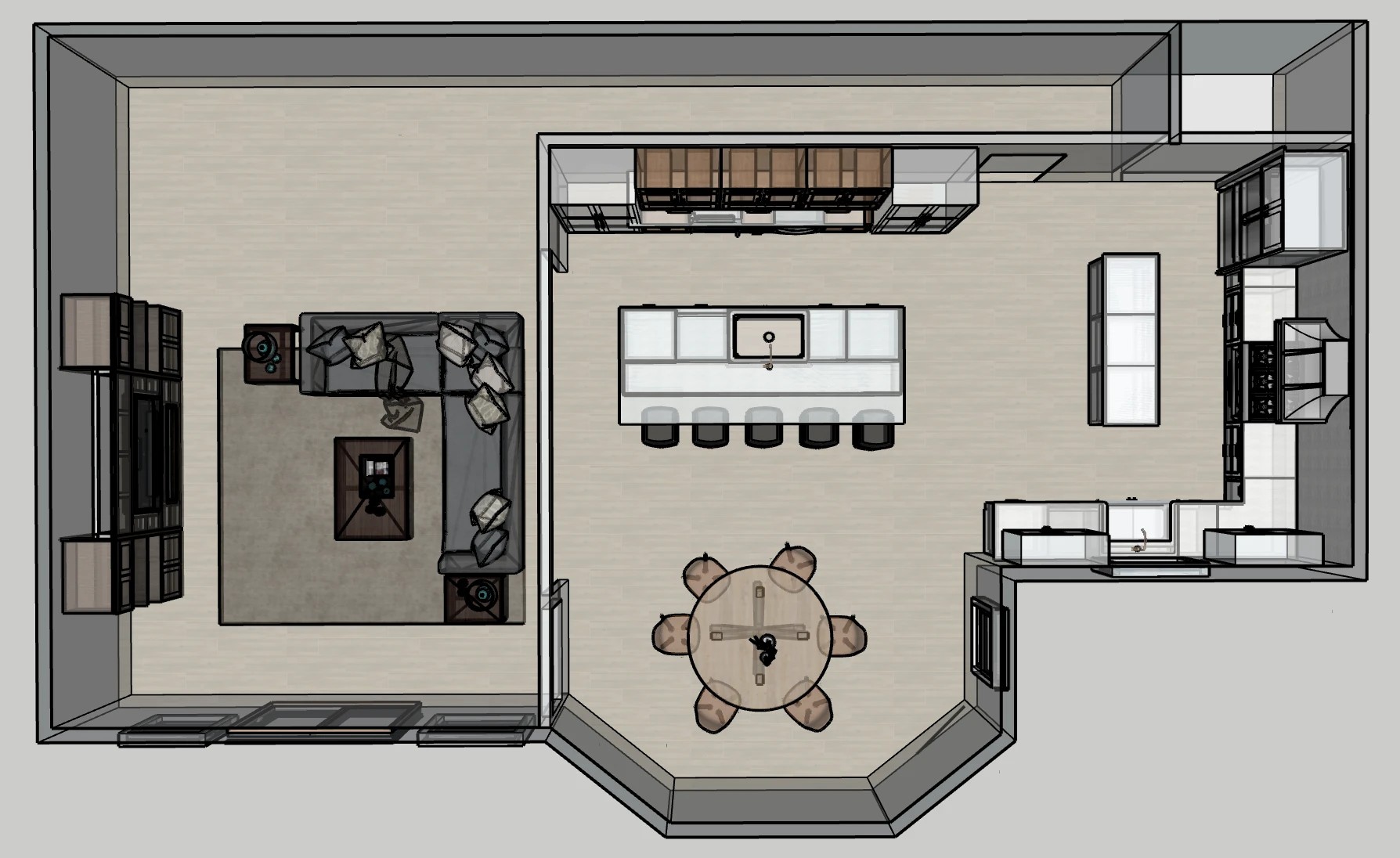 Top-down 3D floor plan render of an open kitchen, dining, and living space