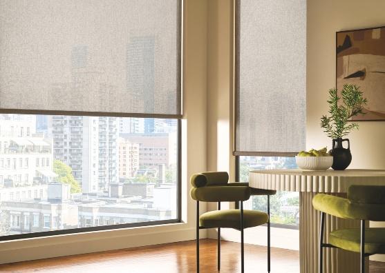 Neutral roller shades over floor-to-ceiling windows with a city skyline view